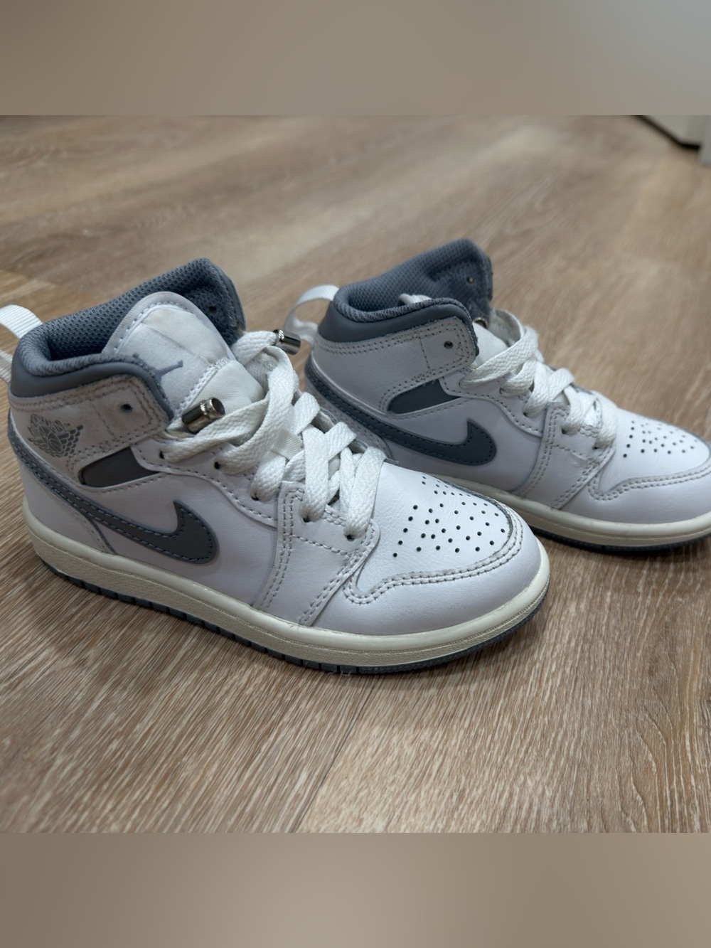 Nike Kids White and Gray High-Top Sneakers with Dark Gray Swoosh